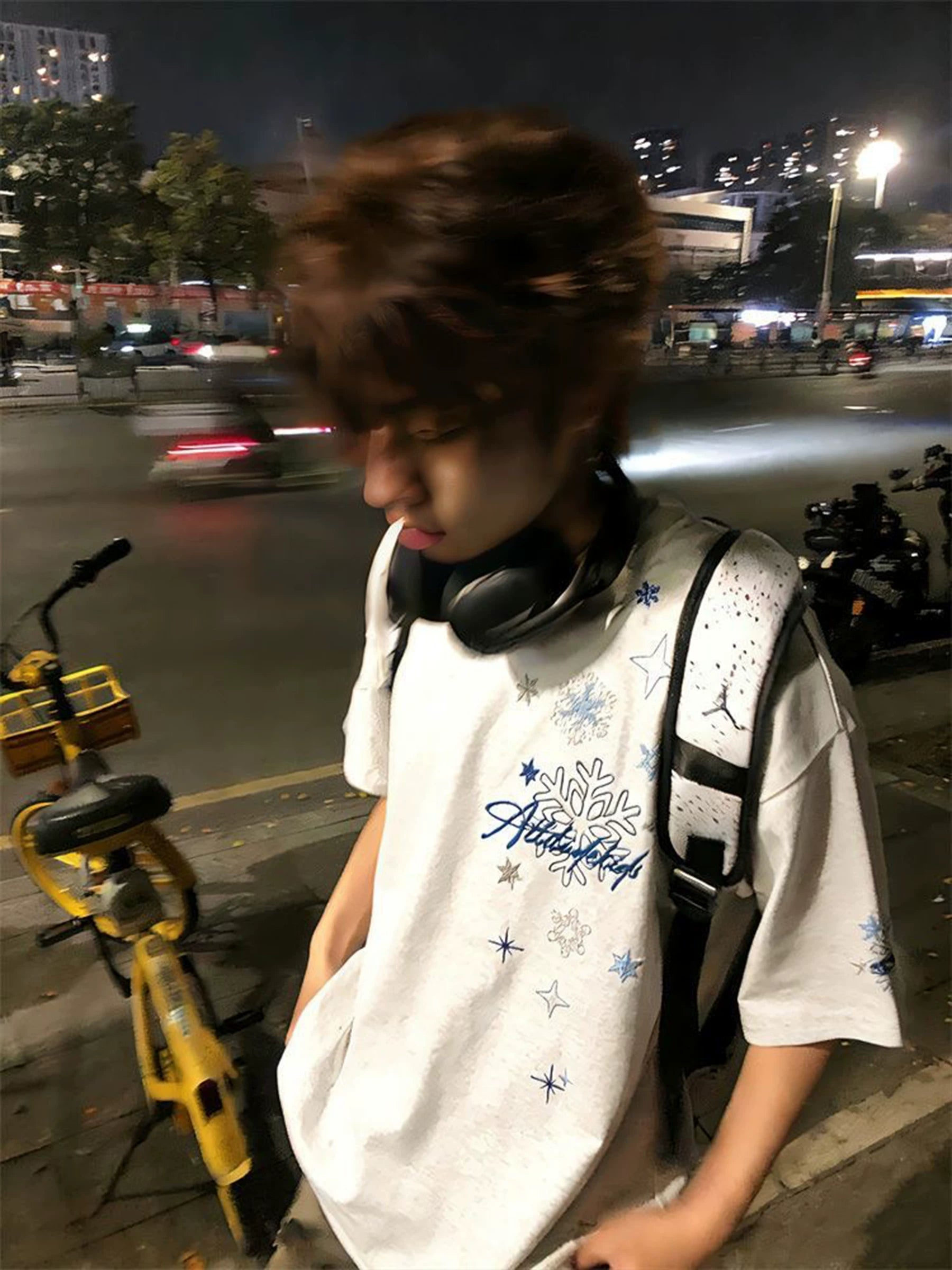 2026 Yeni Ağ Boz Qar dənəciyi Naxışlı Qısaqol T-Shirt Kişi Yay Ağır Cütlük Geyimi Boş Yüksək Top Top