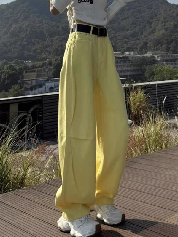 Qadınlar üçün Böyük Ölçülü Amerika Üslublu Əyri Cins Şalvar, 2026 Yaz Yeni Gəlişi, Boş Forma, Yüksək Bel, Arıqladıcı Düz Ayaqlı Geniş Ayaqlı Şalvar