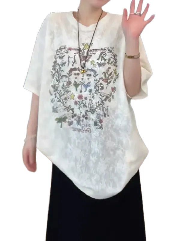 Qadınlar üçün qalın printli qısaqol futbolka, 2026-cı il yayı, böyük ölçüdə, geniş formada, arıqladıcı, yeni və çoxfunksiyalı köynək.