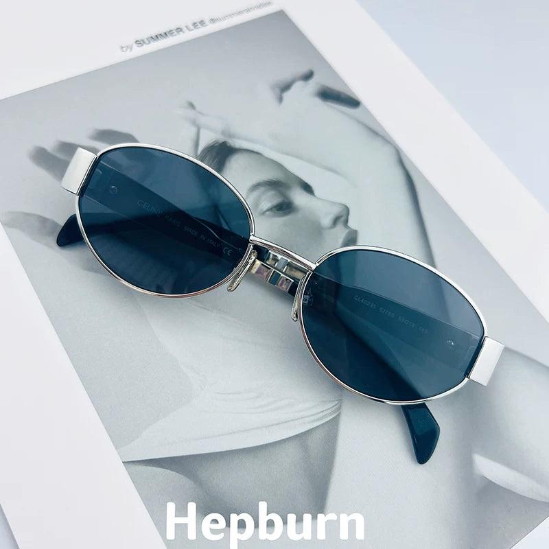 Fransız hepban triumph retro köhnə pul üslubunda oval metal günəş eynəyi qadın eynəkləri miyopi ilə niş modeli
