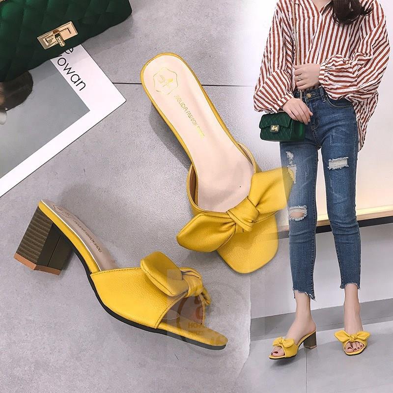 Qadın ayaqqabıları yay yay kvadrat baş bir söz yüksək heels slippe