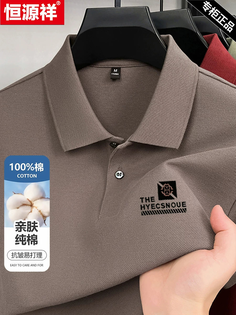 Hengyuanxiang yüksək səviyyəli təmiz pambıq yaxa qısaqol köynək orta yaşlı kişi yay çox yönlü boş çaplı kişilər üçün polo köynək