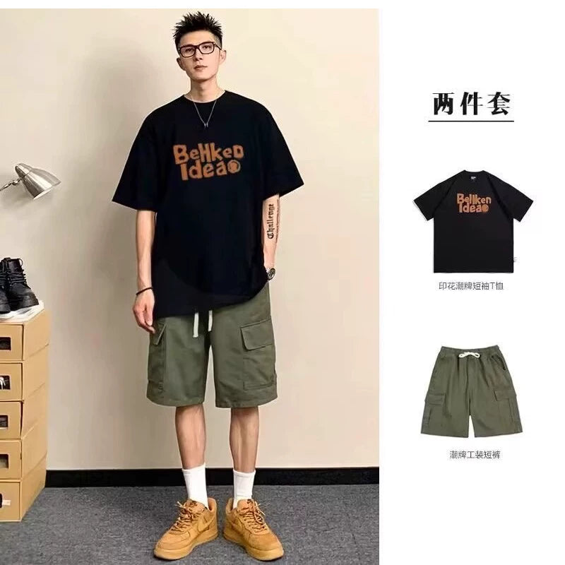 Yapon moda brendi qısaqol köynək kişi yay kostyumu kişi boş köynək kişi dəsti yük şort ilə