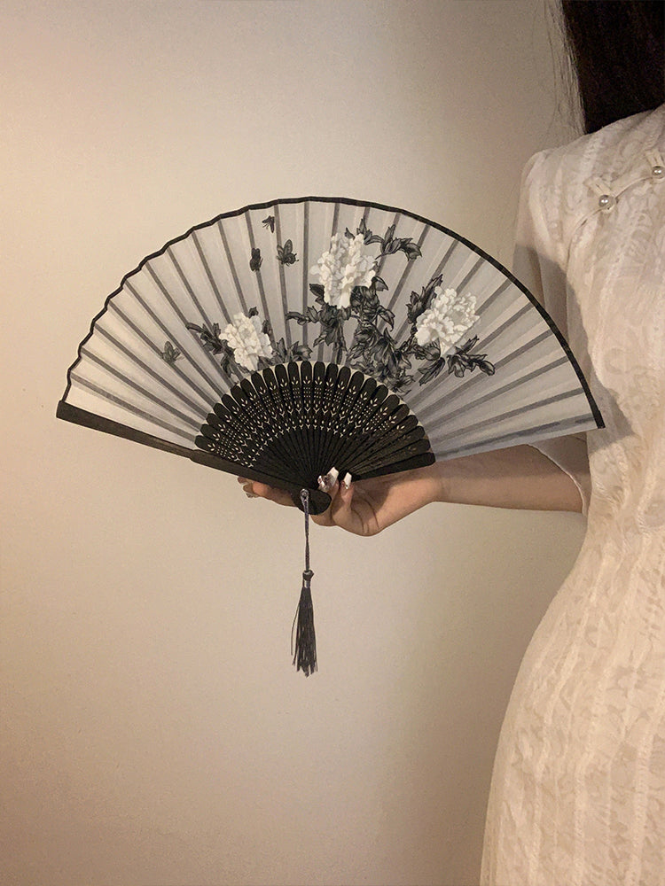 Çin üslubunda qara mürəkkəb rəsm cheongsam fanatı portativ yay antik Çin üslubunda qotaz qatlanan fan portativ Hanfu bambuk fanatı