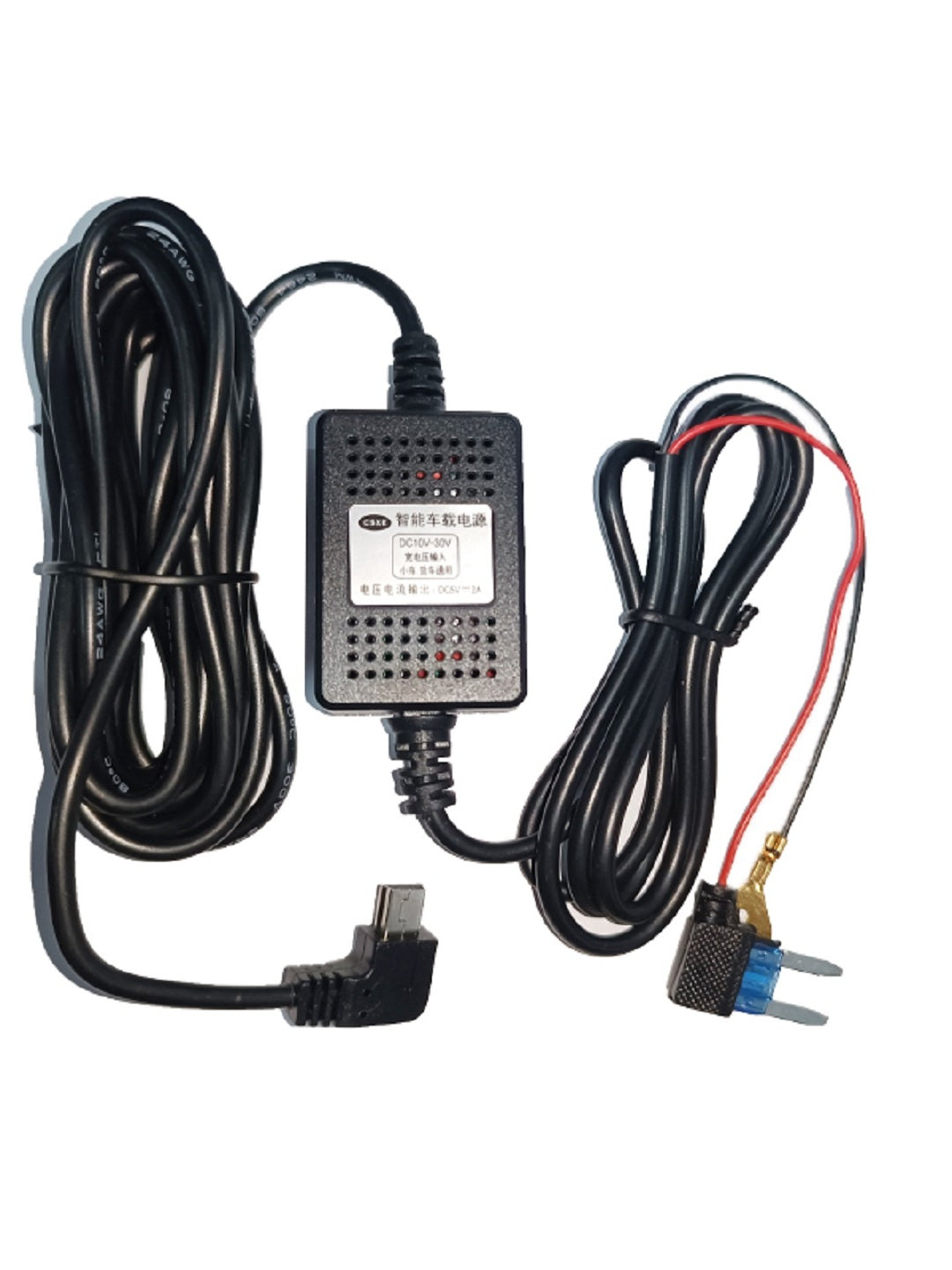The car works with a dashboard-mounted down-converter cable with MINI interface, two 2A power cables, hidden wiring, and a fuse box.