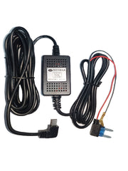 The car works with a dashboard-mounted down-converter cable with MINI interface, two 2A power cables, hidden wiring, and a fuse box.