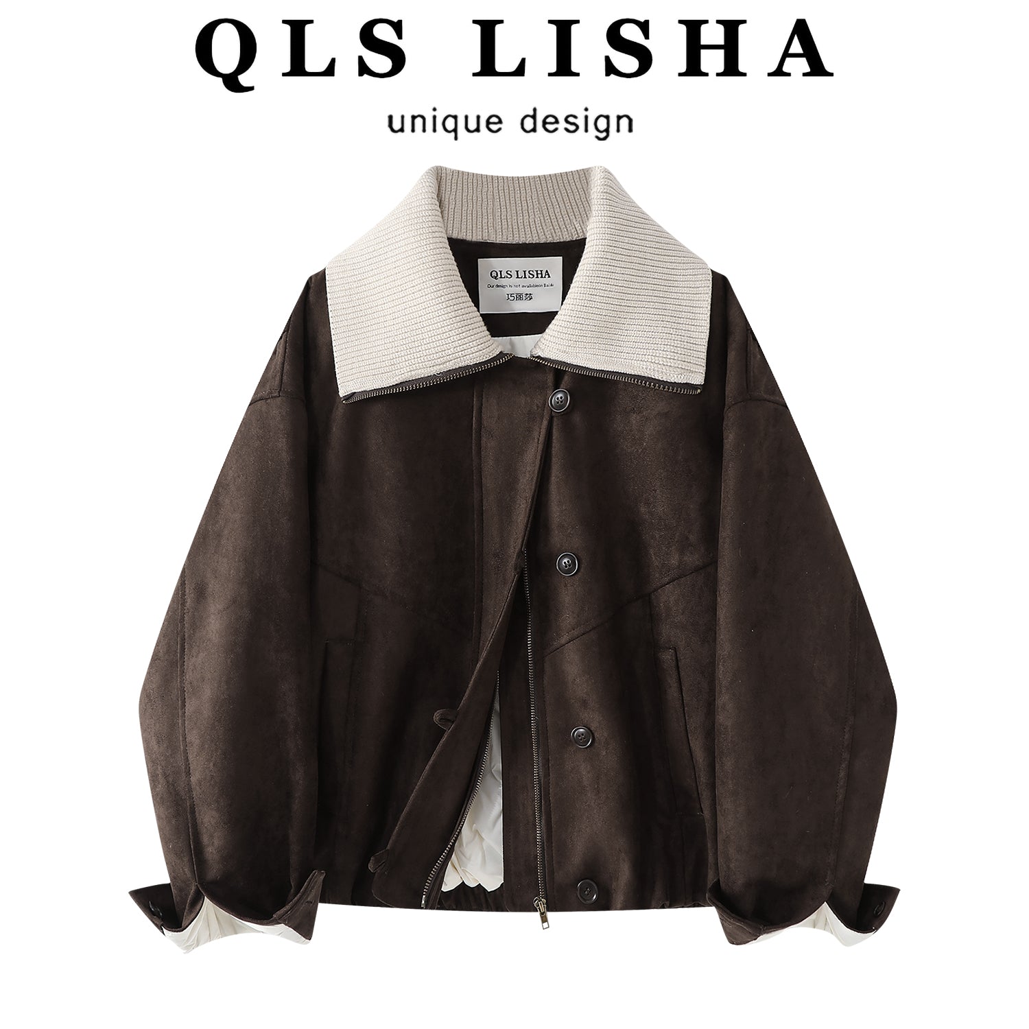 Qiaolisha Koreya üslubunda zamşa motosiklet gödəkçəsi, qadın qış trikotaj yaxalıqlı ağ ördək tüklü gödəkçə.