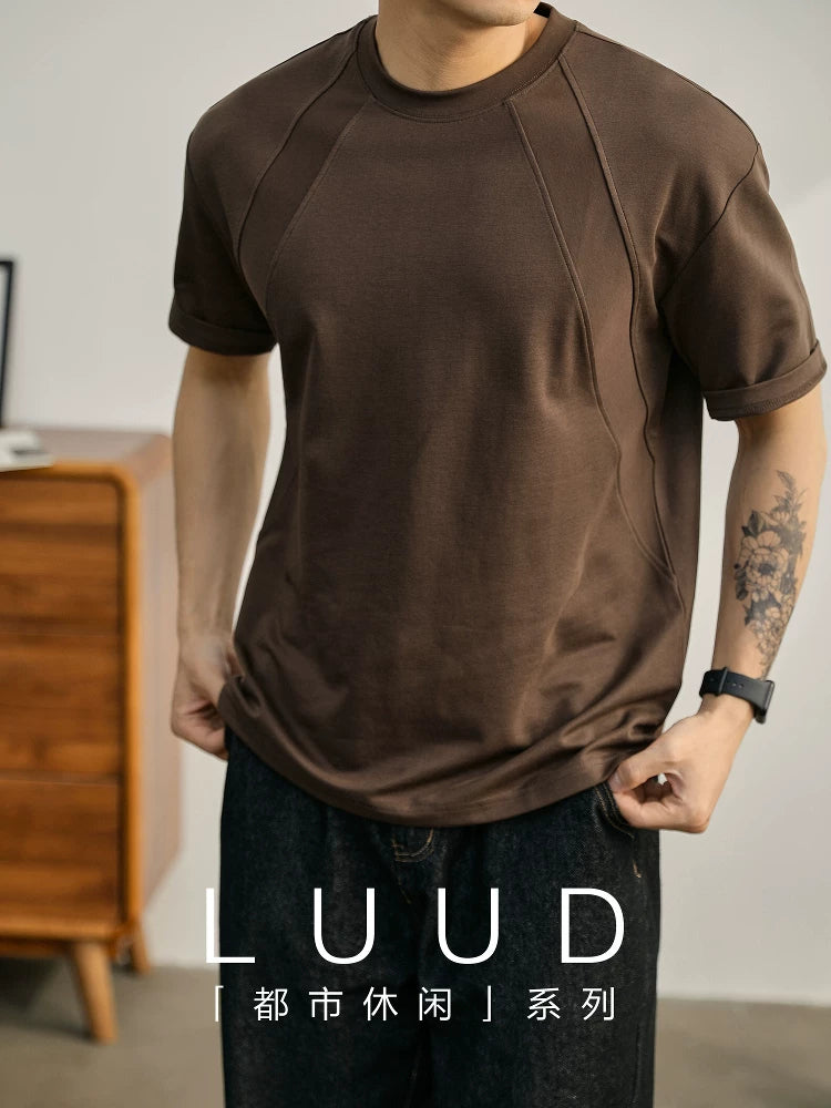 LUUD moda brendi yaraşıqlı yüksək səviyyəli kişi yay Amerika köynəyi bir qədər enli yarımqol dekonstruksiya edilmiş xırtıldayan köynək
