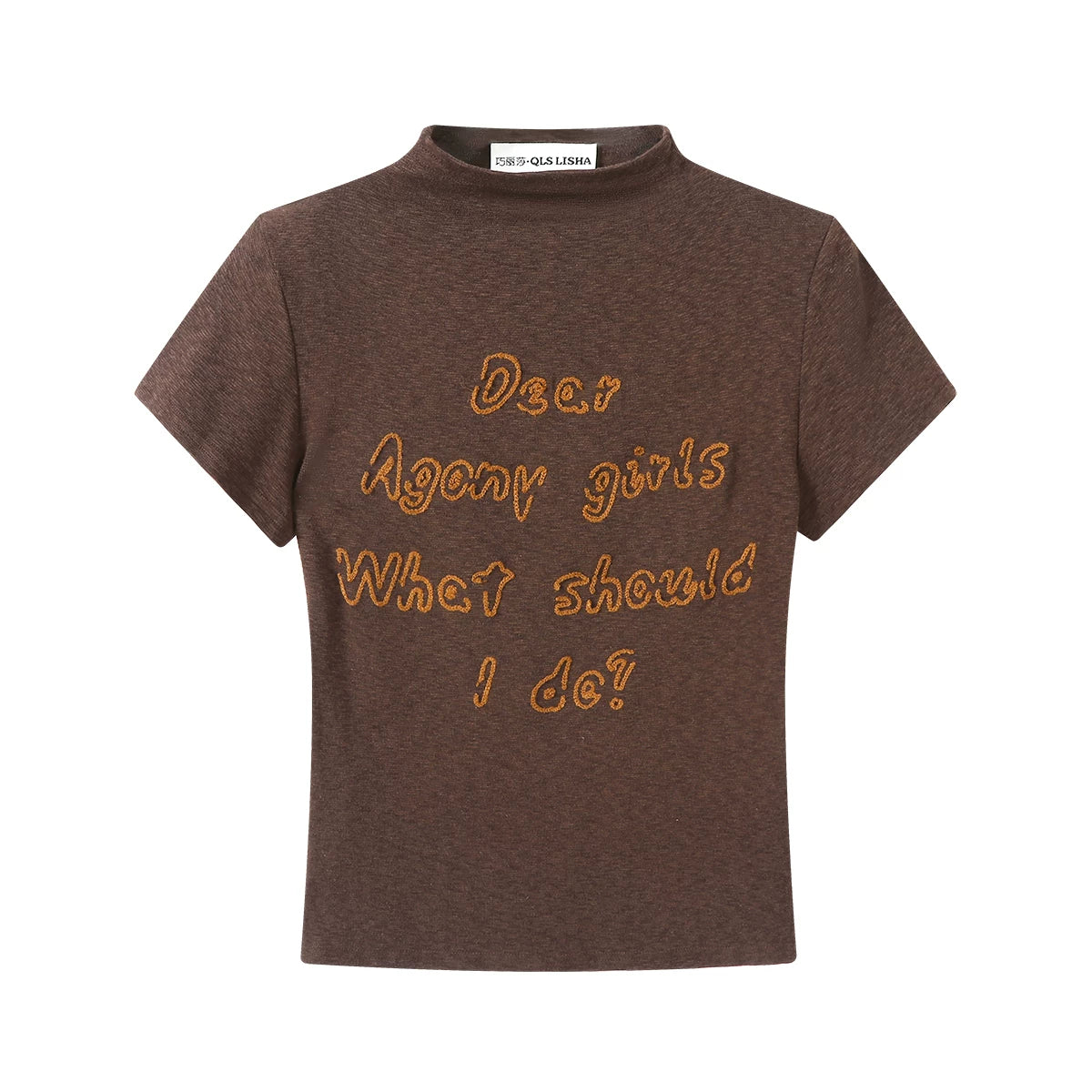 Chola Lisa Brown Merlad Seksual Qısa Top Yay Hərfli Nakış Yüksək Yaxalı İncə Uyğun Qısa Qollu Köynək Qadın Payız