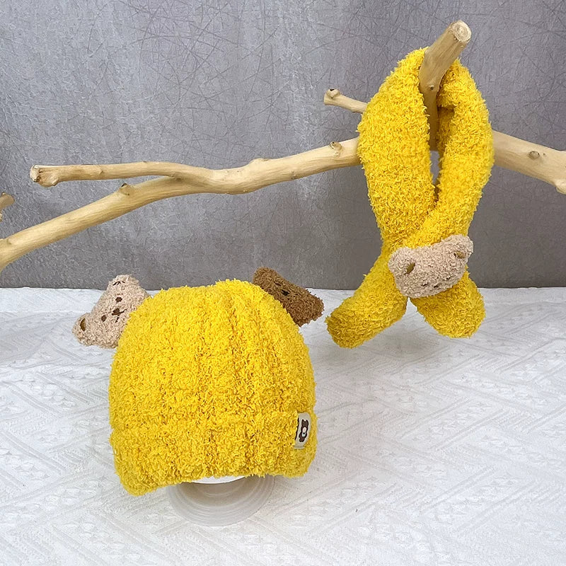 Körpə papağı və şarfı iki hissəli dəst, şirin ayı körpəsi qulaqcıqlı papaq, qalın və isti, oğlan və qızlar üçün, payız və qış üçün idealdır.