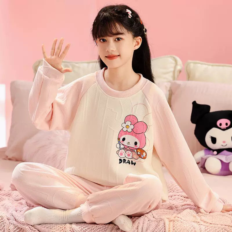 My Melody Qızları üçün Təmiz Pambıq Ev Geyimi, Payız və Qış, Böyük Uşaqlar üçün Üç Qatlı Yorğanlı Qalın İsti Pijamalar, Şirin Dəst
