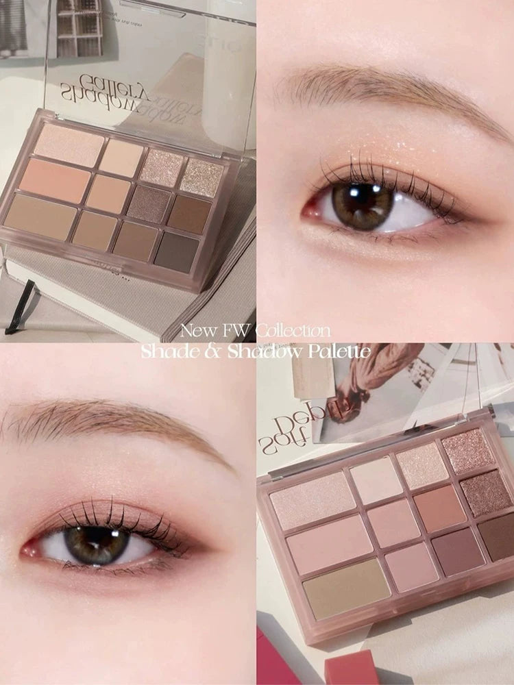 Clio Korea-nın payız/qış üçün yeni 12 rəngli göz kölgəsi palitrası, təbii torpaq tonları da daxil olmaqla, mat, parıltılı və vurğulayıcı çalarları özündə birləşdirir. (Orijinal məhsul)