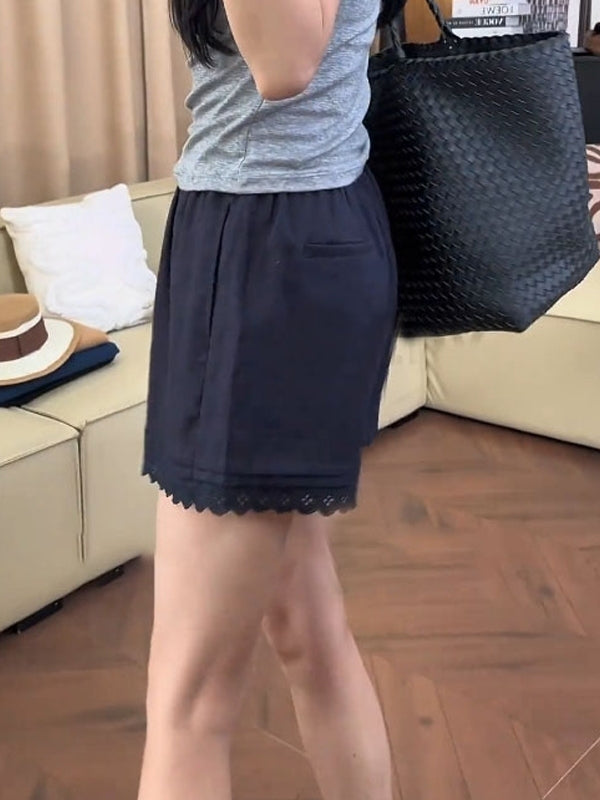 Böyük Ölçülü Qadın Krujevalı Trimli Təsadüfi Şortlar 2026 Yay Yeni Stil Boş Uyğunluq Arıqladıcı Yüksək Bel Geniş Ayaqlı İsti Şalvar