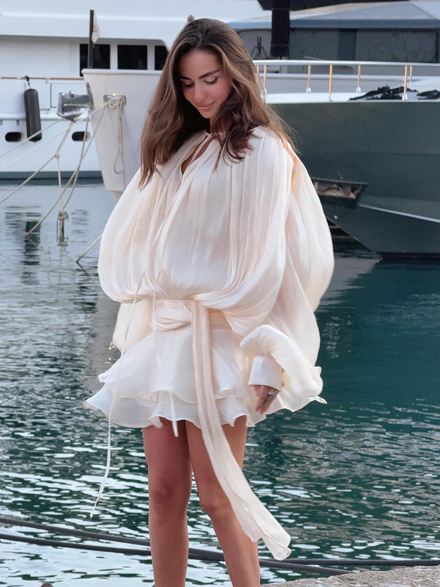 Qadınlar üçün şifon fənər qollu qalstuklu ön üst və büzməli ətək dəsti