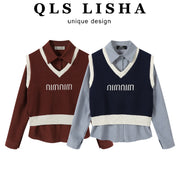 Chorlisa Erkən Payız Fransız Dizaynlı Qəşəng Uzunqol Köynək Dəsti, Qadınlar üçün Dəbli və Zərif Jilet İki Hissəli Dəst