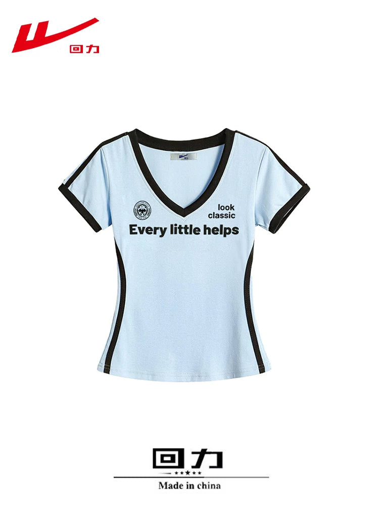 Huali Xiaoduo Pamine Sağ Çiyin Qısaqol Qadın T-shirti 2026 Yaz, Yay və Payız Şirin Stil V Yaka İncə Pambıq Top