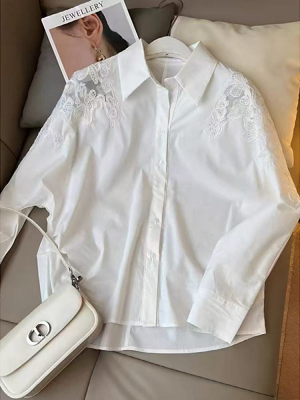 Qadınlar üçün Böyük Ölçülü Zərif Krujeva Nakışlı Uzunqol Ağ Köynək, 2026 Yeni Yaz Modeli, Boş Forma, Gündəlik Top