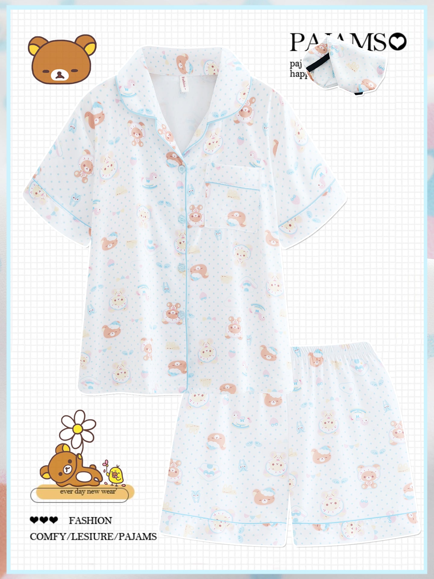 Rilakkuma pijama qadın yay buz ipək qısaqol şort və şalvar üç parça dəst cizgi filmi sevimli polka nöqtəli ağ ev paltarı