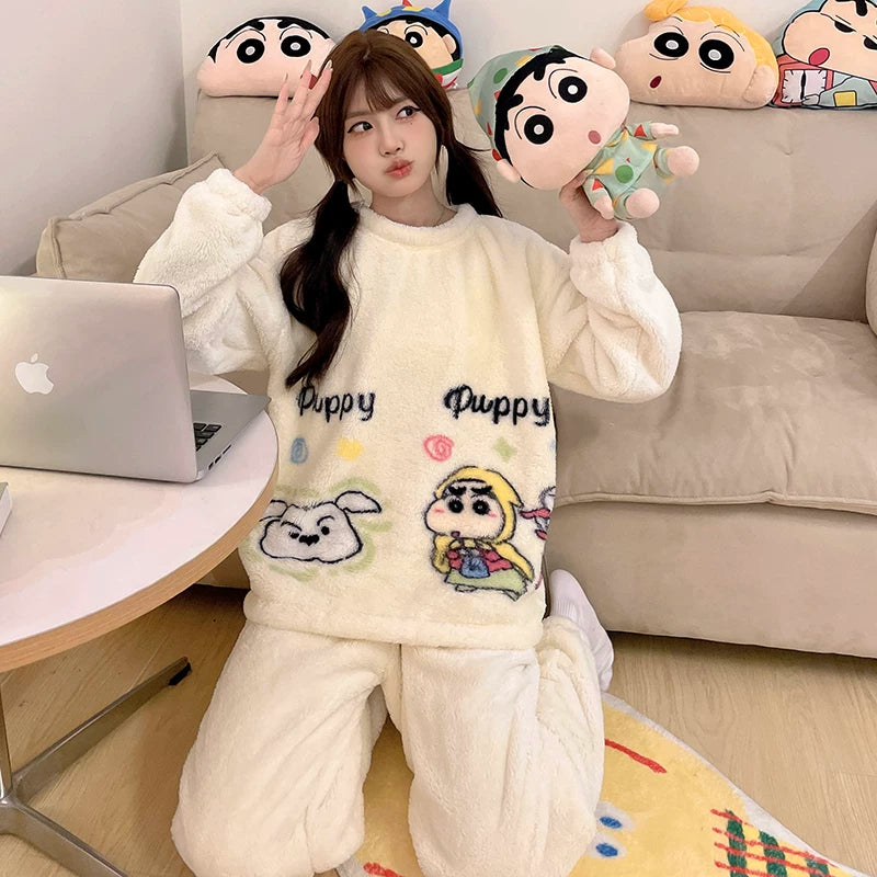 Cizgi filmi boz və qara pişik qış yeni mərcan yunlu pijama qadın yun astarlı və qalınlaşmış tələbə flanel ev geyimi xarici geyimlər