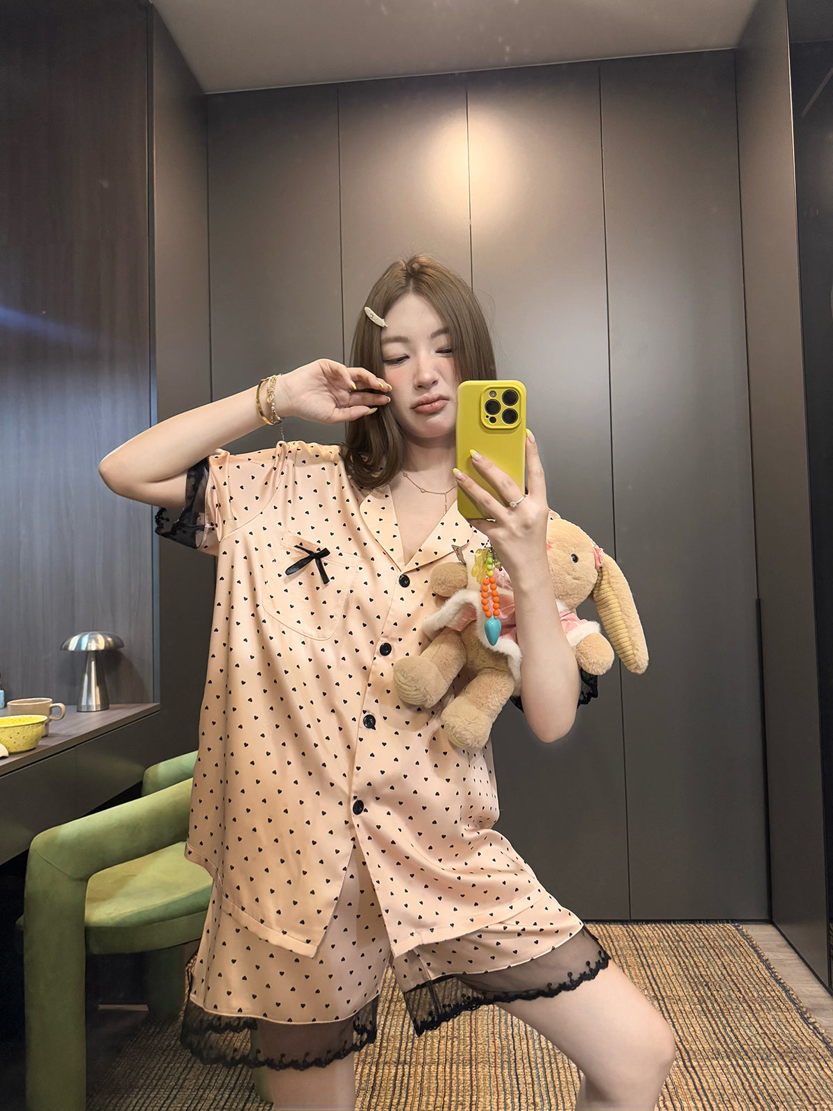 JoyceBra təmiz arzu krujeva kənar buz ipək pijama qadın yay sərin polka nöqtəli ev paltarı dəsti çöldə geyinmək olar