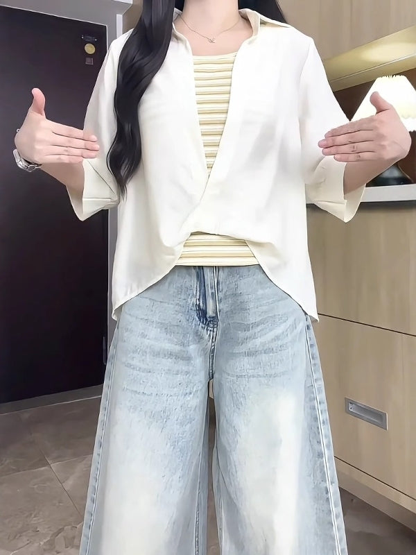 Böyük ölçülü qadınlar üçün 2026 yay yeni stilində boş yamaqlı iki hissəli köynək, arıqladıcı gündəlik qısaqol köynək