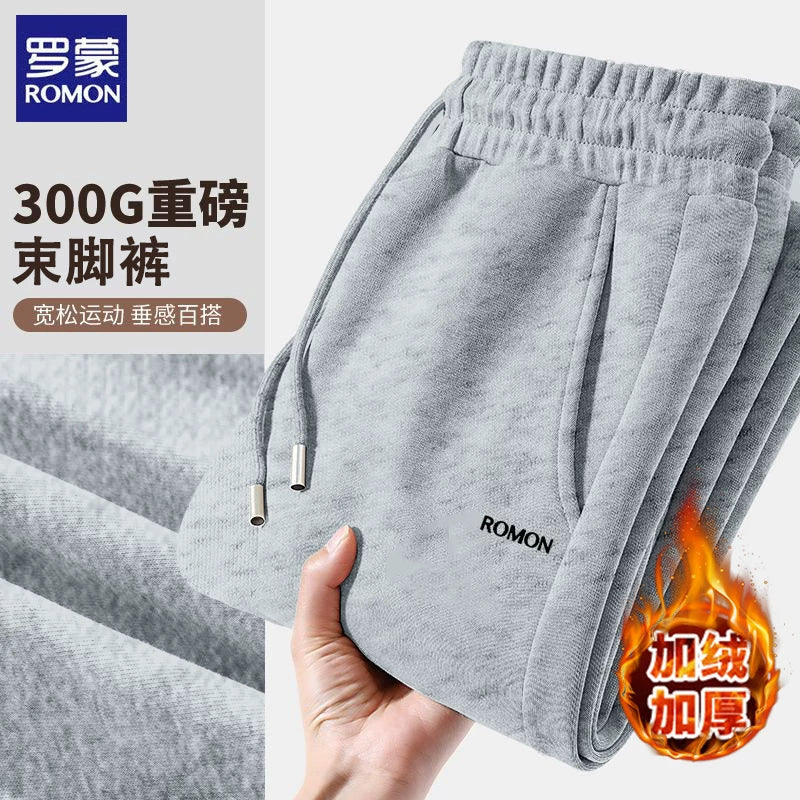 Romon Kişi Payız Yun Astarlı Qalın İsti Boş Örgü İdman Şalvarı Düz Ayaqlı Gündəlik Uzun Şalvar