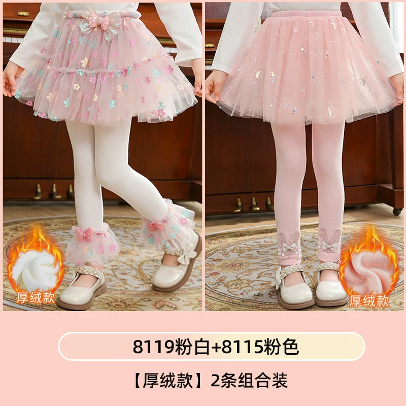 Qızlar üçün bir hissəli ətək şalvarları, 2025-ci ilin yaz və payız mövsümü üçün yeni model uşaq qış geyimləri, flis astarlı, süni iki hissəli leqinslər, ağ, çöldə geyinmək üçün.