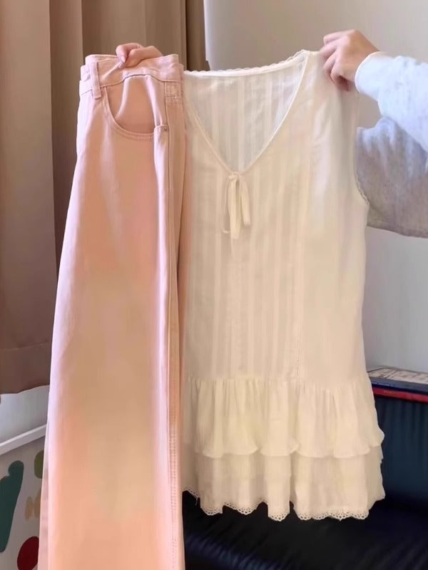 Böyük ölçülü qadınlar üçün krujeva ilə işlənmiş tort ətəyi, geniş formalı, çoxfunksiyalı qat-qat geyimli, yay üçün qolsuz köynək.