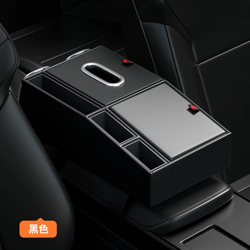 Premium-looking multi-functional car armrest storage box, car tissue box, double cup holder and center storage box.