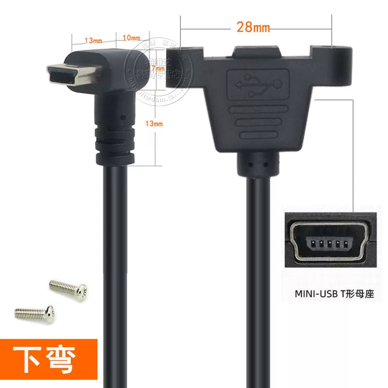 fiksasiya üçün vida deşikləri olan mini USB uzatma kabeli mini T-port kişidən qadına qulaqlı uzatma kabeli T-port 5P çevirici trapezoidal köhnə dəbli miniusb qadın oturacağı sürücülük yazıcısı avtomobil