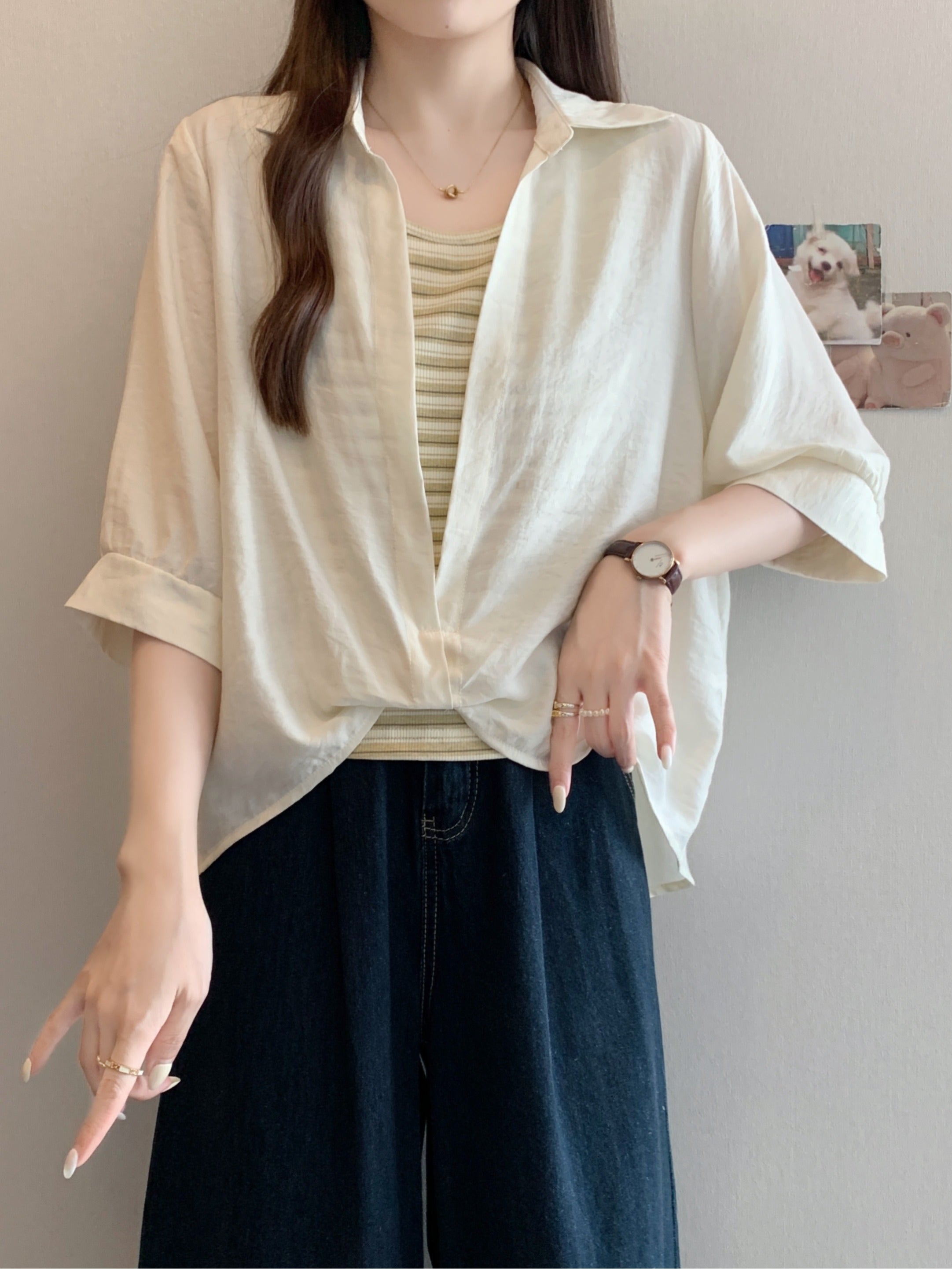 Qadınlar üçün böyük ölçülü dizaynlı, düyünlü süni iki hissəli qısaqol köynək, 2026-cı ilin yayı, geniş formalı, şık və gözəl, dəbli top.