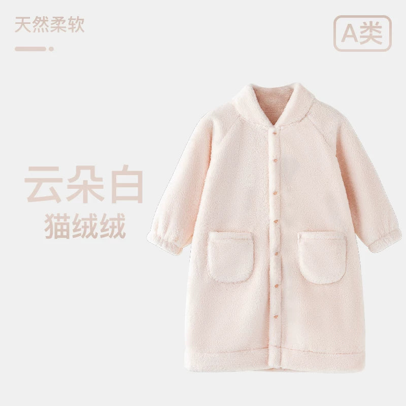 Körpə qış isti xalat, körpə pijamaları, oğlan və qızlar üçün yun astarlı, qalınlaşdırılmış uşaq mərcan yun ev xalat pijamaları