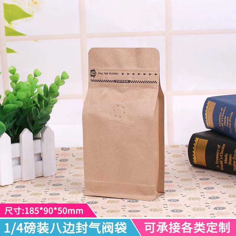 Zhanfei qəhvə çantaları, 10 səkkiz tərəfli möhürlənmiş kraft kağız alüminium folqa öz-özünə bağlanan çantalar, bir tərəfli hava klapanlı qəhvə lobya çantaları