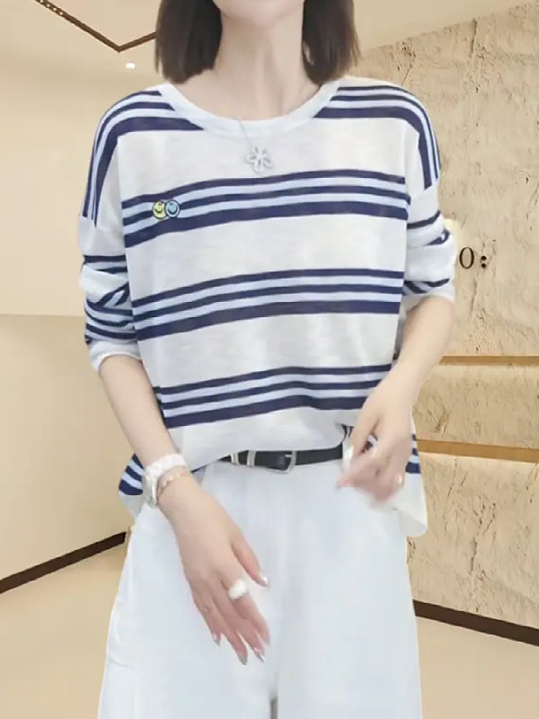 Tənbəl Zolaqlı Uzunqollu Günəşdən Qoruyucu Qadın Futbolkası, Böyük Ölçülü, Boş Formalı, Kondisionerli Köynək, Arıqladıcı Gündəlik Örtüklü Top