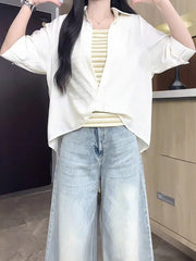 Böyük ölçülü qadınlar üçün 2026 yay yeni stilində boş yamaqlı iki hissəli köynək, arıqladıcı gündəlik qısaqol köynək