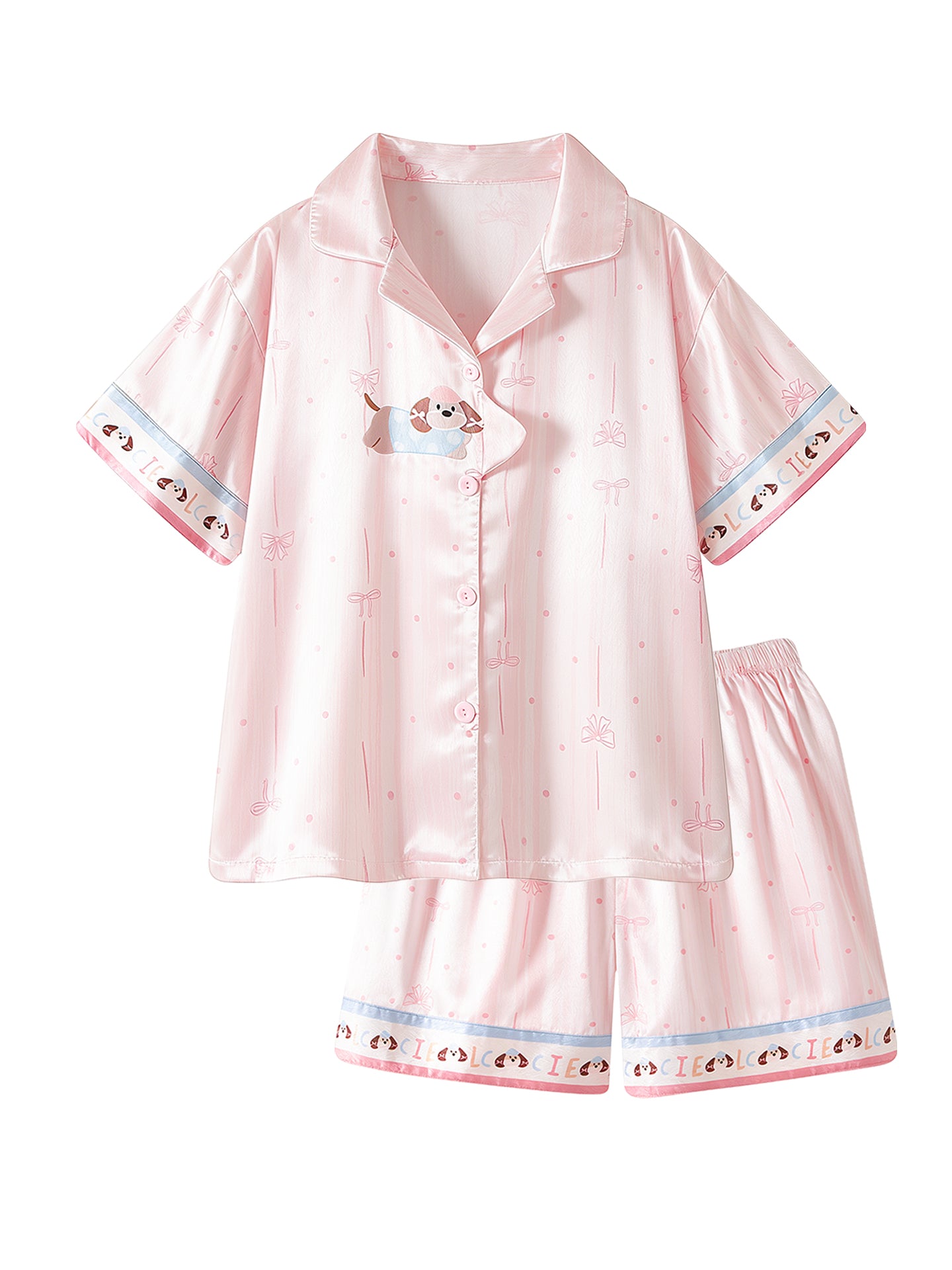 Çəhrayı zolaqlı polka nöqtəli bala şirin buz ipək pijama qadınlar üçün yay nazik qısaqol sevimli qız ev paltarı yay