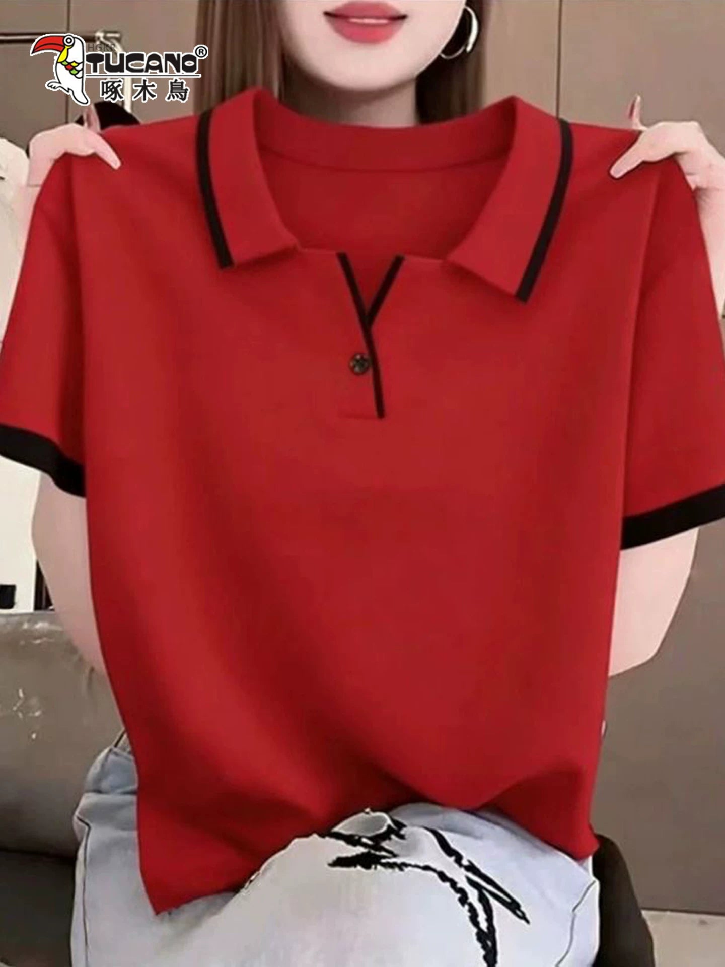 Ağacdələn yay yeni qısaqol düz rəngli yaxa köynək POLO köynək, nazik və çox yönlü, yaş azaldan üst köynək