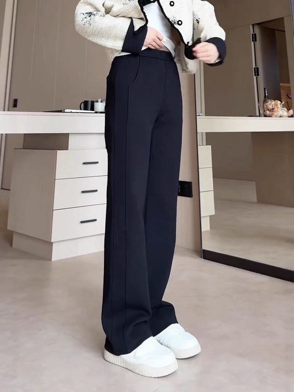 Qadınlar üçün böyük ölçülü qara düz ayaqlı şalvar, 2026-cı ilin yazı, yüksək belli, geniş bədən quruluşlu, arıqladıcı, gündəlik, çoxfunksiyalı, dar ayaqlı, geniş ayaqlı şalvar.