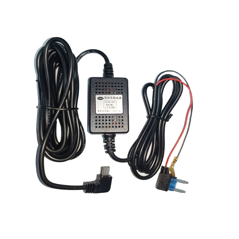 The car works with a dashboard-mounted down-converter cable with MINI interface, two 2A power cables, hidden wiring, and a fuse box.