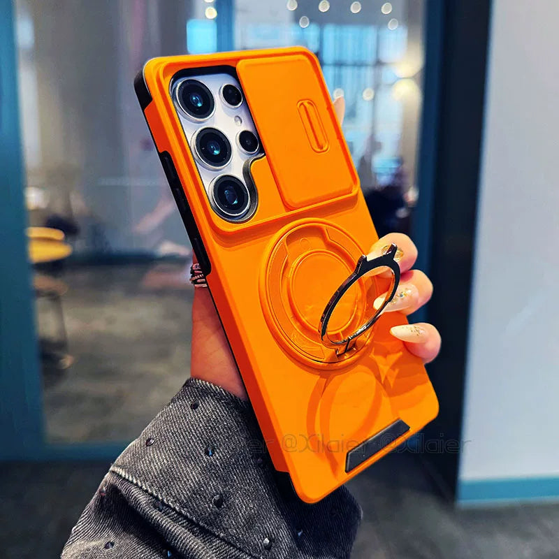 Samsung Galaxy S25 Ultra sürüşən linzalı telefon korpusu, S24 Plus maqnit dayağı, A17 yaradıcı dizaynı, S23 tam örtüklü linza, S20FE premium hiss, düşməyə davamlı yeni A56 modeli, qayışlı A55 ilə uyğun gəlir.