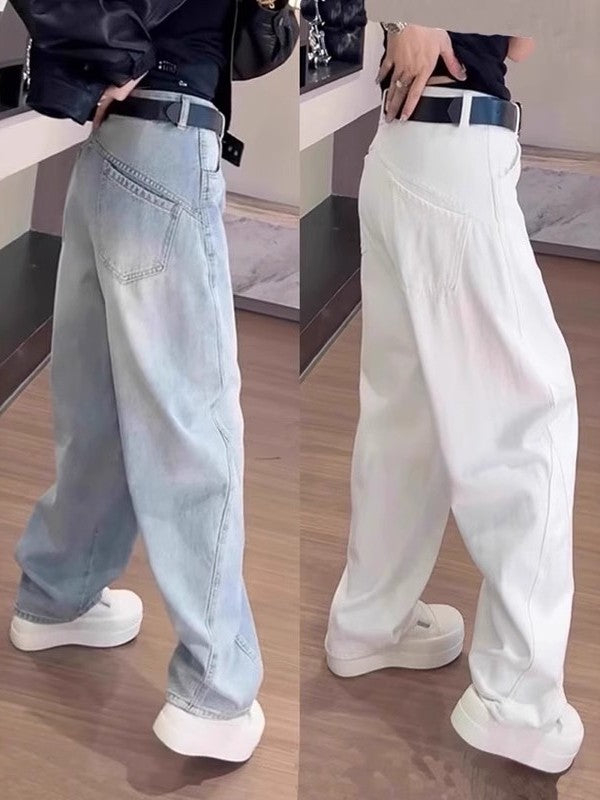 Qadınlar üçün əyri enli ayaqlı cins şalvar, 2026-cı ilin yaz yeni stili, böyük ölçü, yüksək bel, boş forma, armud formalı bədən quruluşu, ombanı gizlədən düz ayaqlı şalvar