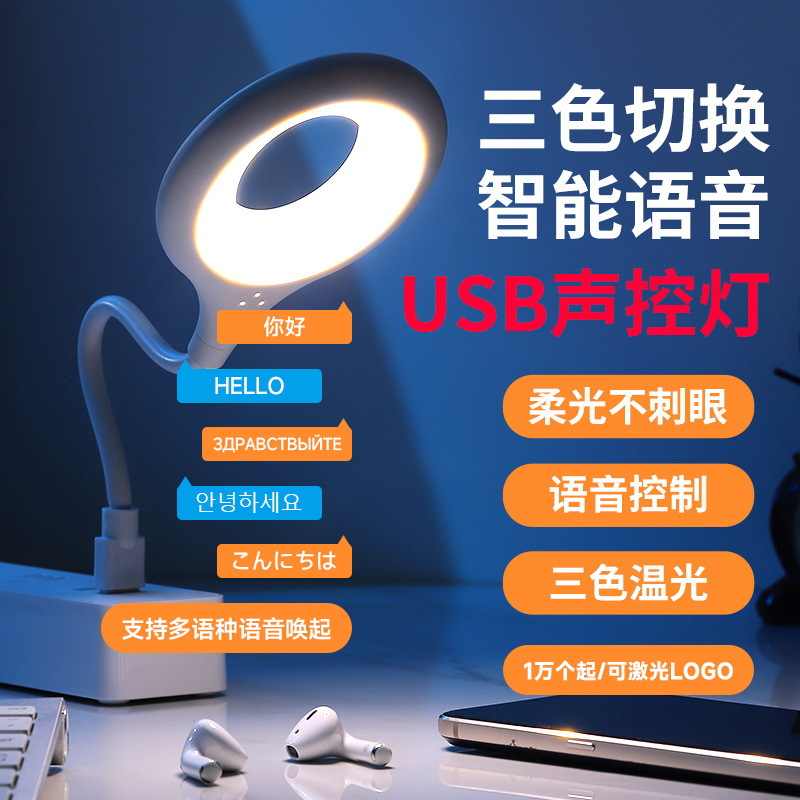 Ağıllı Səsli Gecə İşığı Danışıq Dəyişdiricisi Səslə İdarəetmə Lampası USB İşıqlandırma Lampası Yataq lampası LED Lampa Gözün qorunması lampası Tələbə lampası