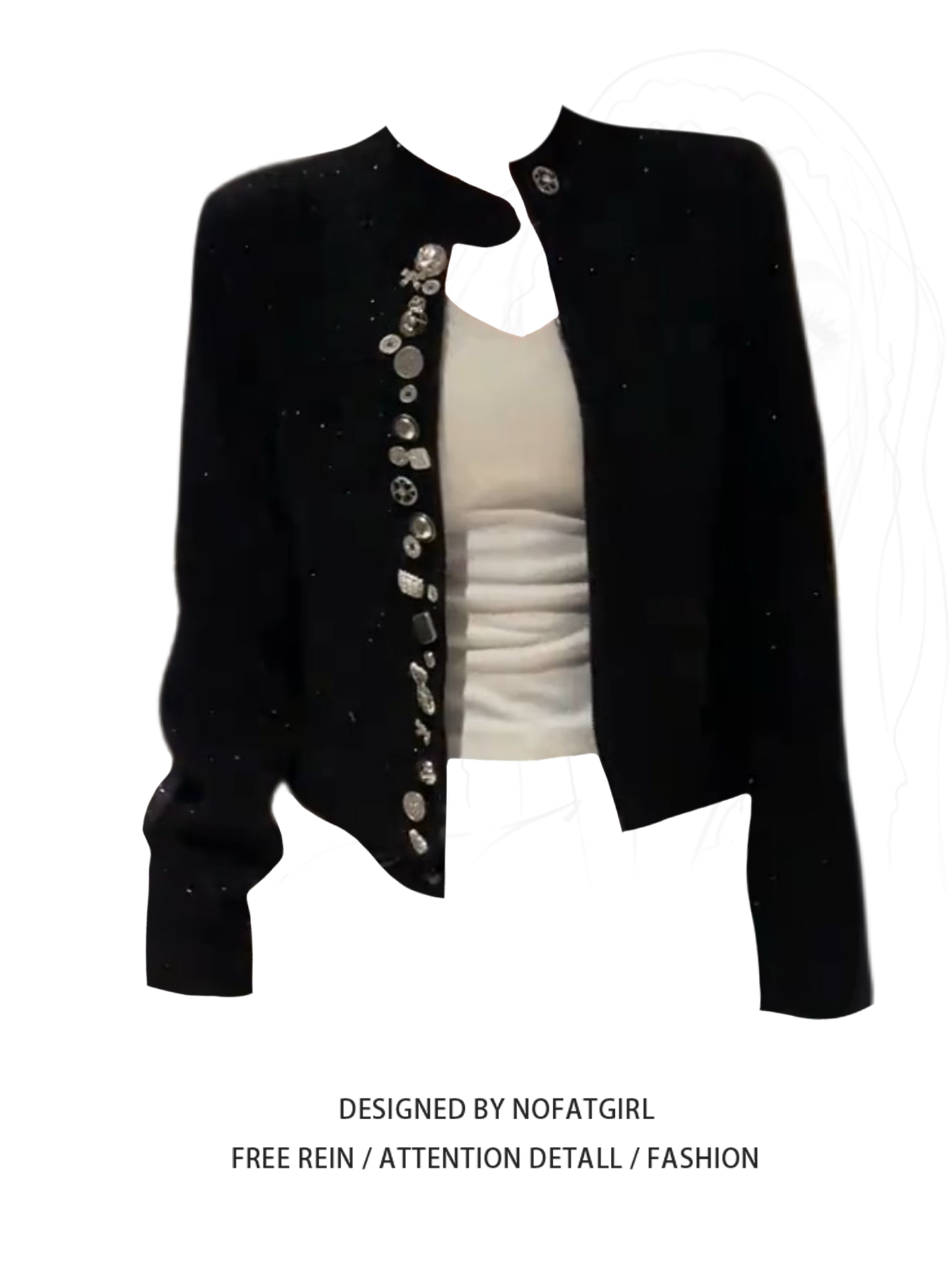 Böyük ölçülü qadın üçün zərif fransız üslubunda, Chanel-dən ilhamlanmış, metal düyməli qısa kardiqan, payız qarası, zərif palto.