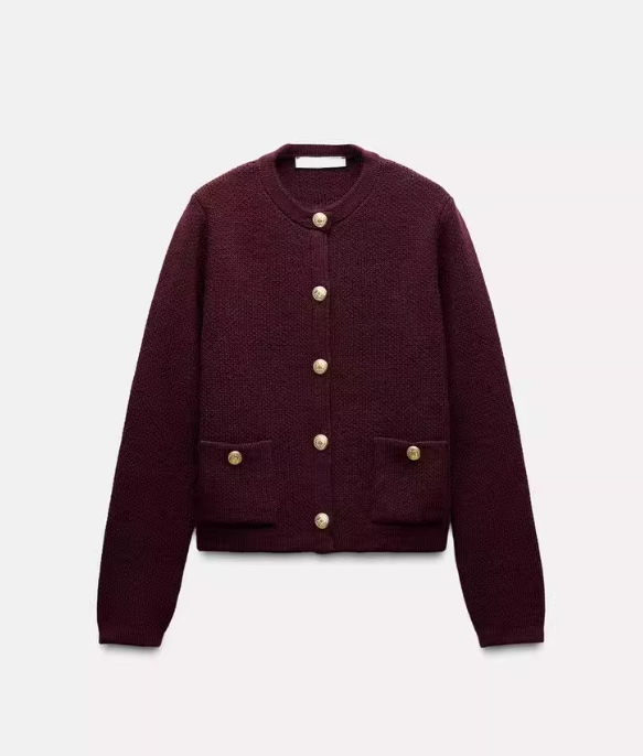 ZA Payız/Qış Yeni Qadın Geyimləri Avropa və Amerika Üslubunda Qızılı Düyməli Uzunqol Dəyirmi Yaxalı Qısa Örgü Kardiqan 6427144