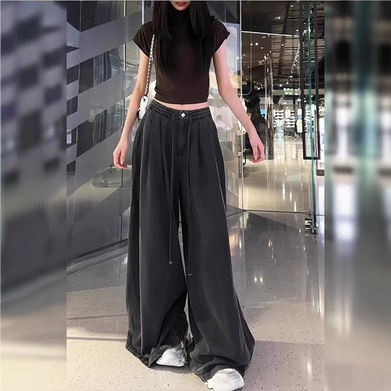 Qadınlar üçün böyük ölçülü Tencel denim cins şalvar, yay üslubunda, nazik, enli ayaqlı, yüksək belli, boş, çoxfunksiyalı, gündəlik şalvar.