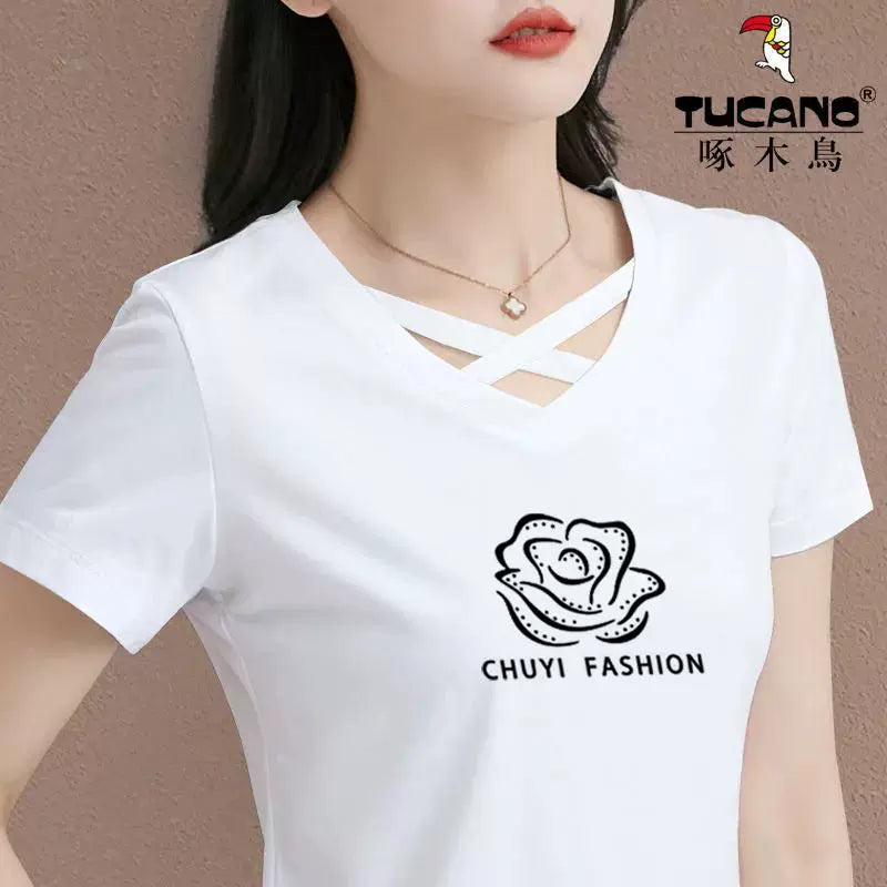 Clearance clearance Woodpecker marka böyük ölçülü qısaqol çaplı moda köynək qadınlar üçün yay V-yaxalı içi boş pambıq top