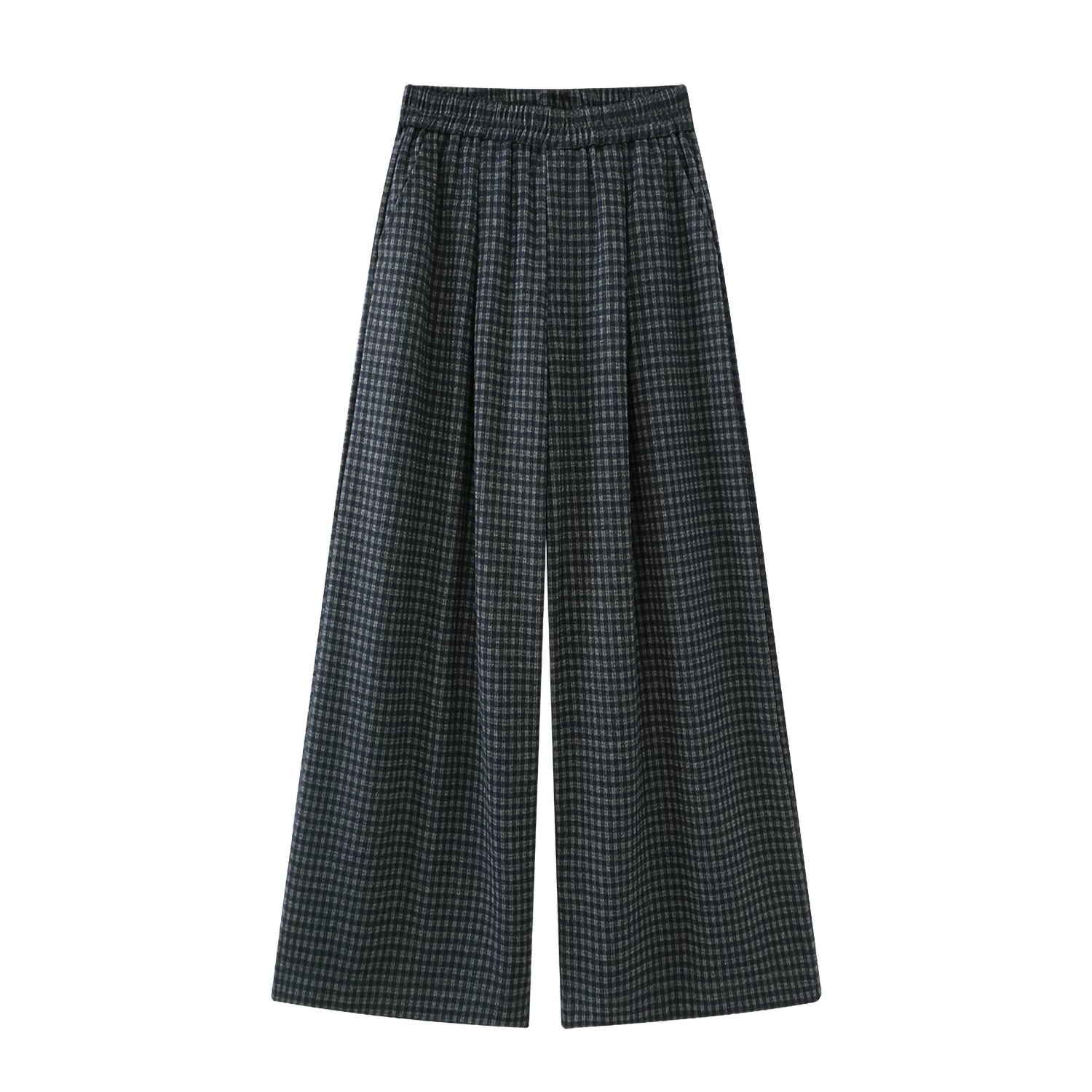 Chola Lisa Koreya üslubunda qadınlar üçün rahat dama-dama şalvar, qış üçün payız yüksək belli, enli, yun düz ayaqlı gündəlik şalvar.