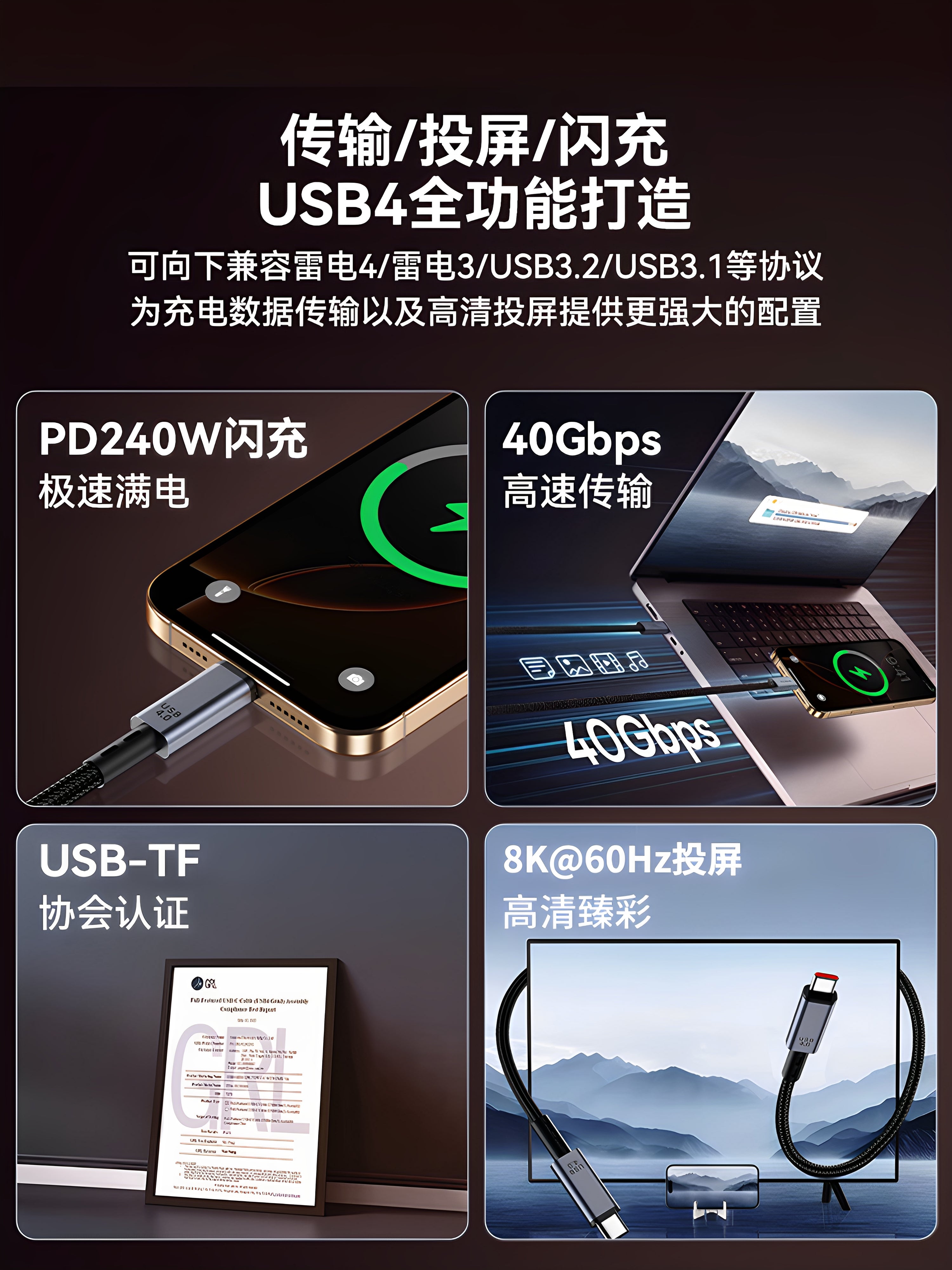 USB4 tam funksiyalı typec məlumat kabeli 240W mobil telefon sürətli şarj kabeli 40Gbps planşet Mac notebook 8K ekran proyeksiyası