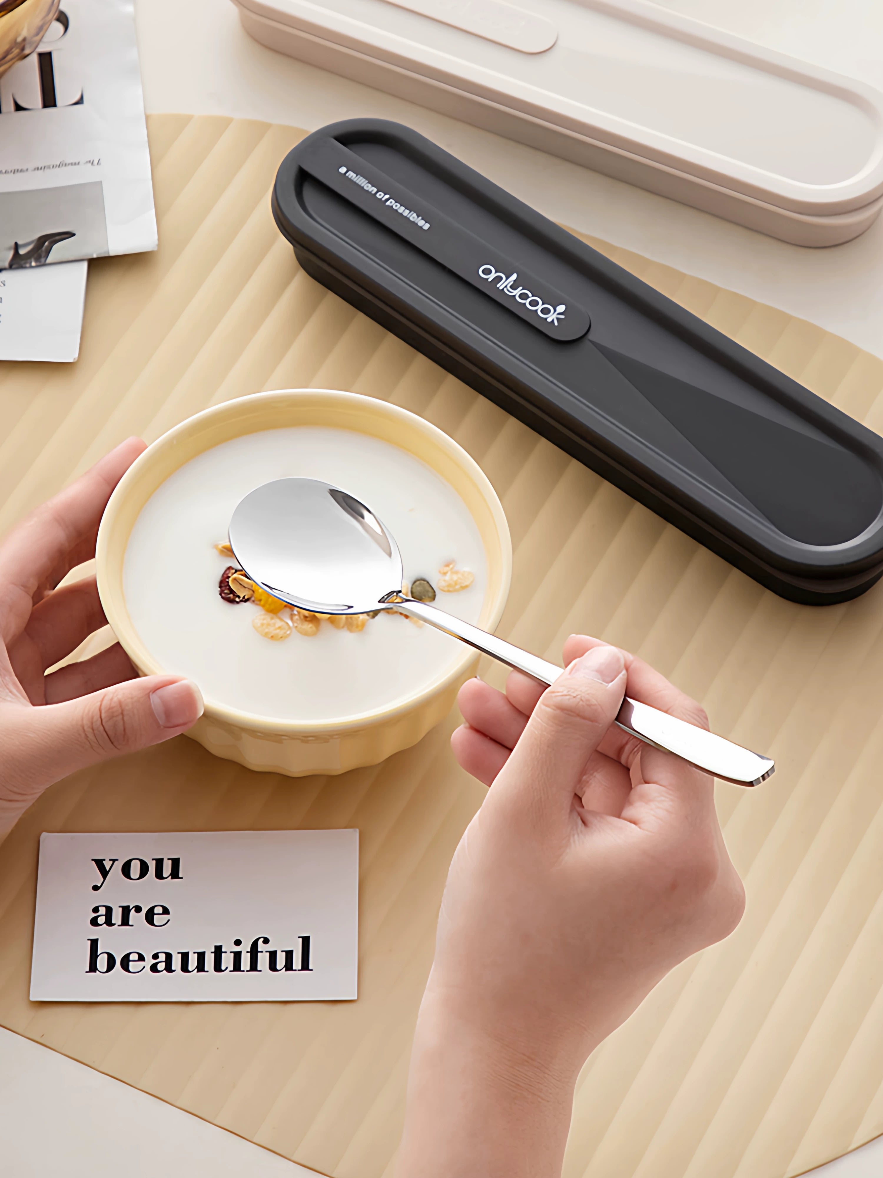 onlycook portativ qab-qacaq tələbə çubuqları qaşıq dəsti uşaqlar üçün tək 304 paslanmayan poladdan hazırlanmış şəxsi qutu