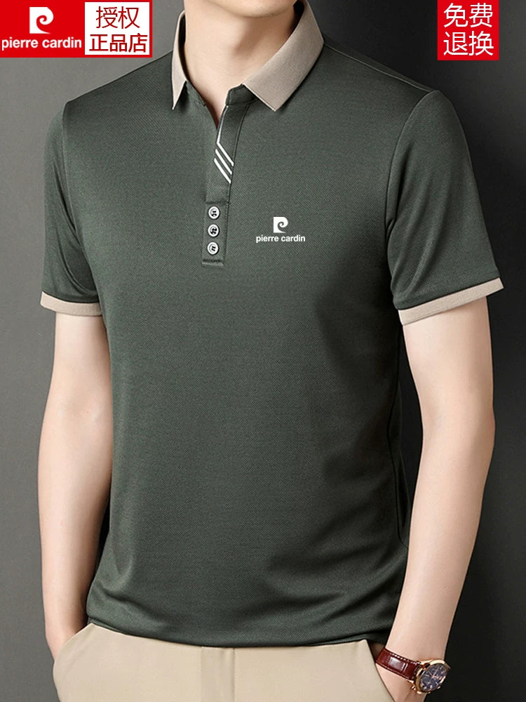 Pierre Cardin yay kişi qısaqol köynək yaxa polo köynək 2026 yeni baba sərin buz ipək köynək